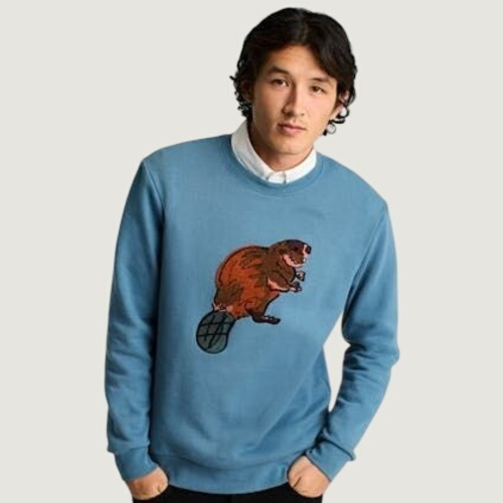 Bonobos Blue Critter Super Soft Fleece Crew Beaver Graphic Sweatshirt Large